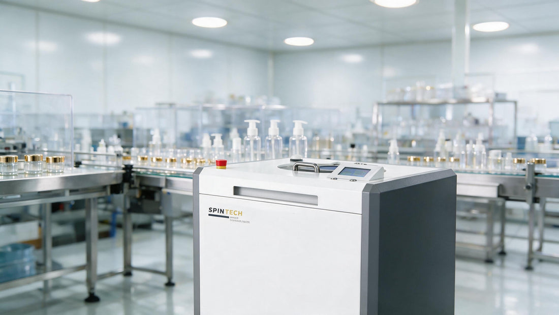 Centrifuge for cosmetics in a cleanroom manufacturing setting for repeatable emulsion and personal care processing.