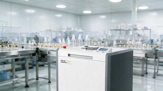 Centrifuge for cosmetics in a cleanroom manufacturing setting for repeatable emulsion and personal care processing.
