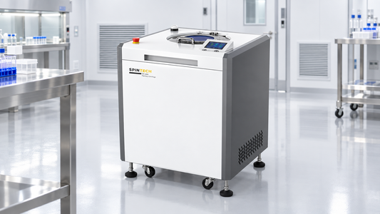 Centrifuge for pharmaceutical processing in a GMP cleanroom with stainless lab surfaces.