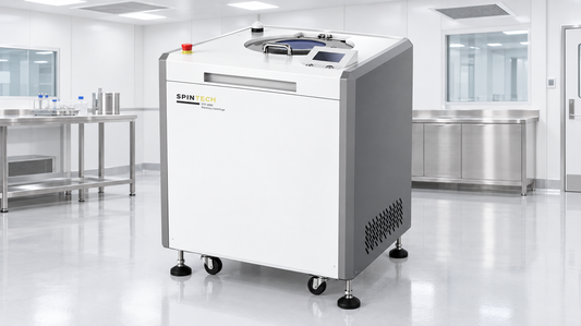Centrifuge for pharmaceutical processing shown in a GMP cleanroom, featuring the Spin Tech STP-3000.