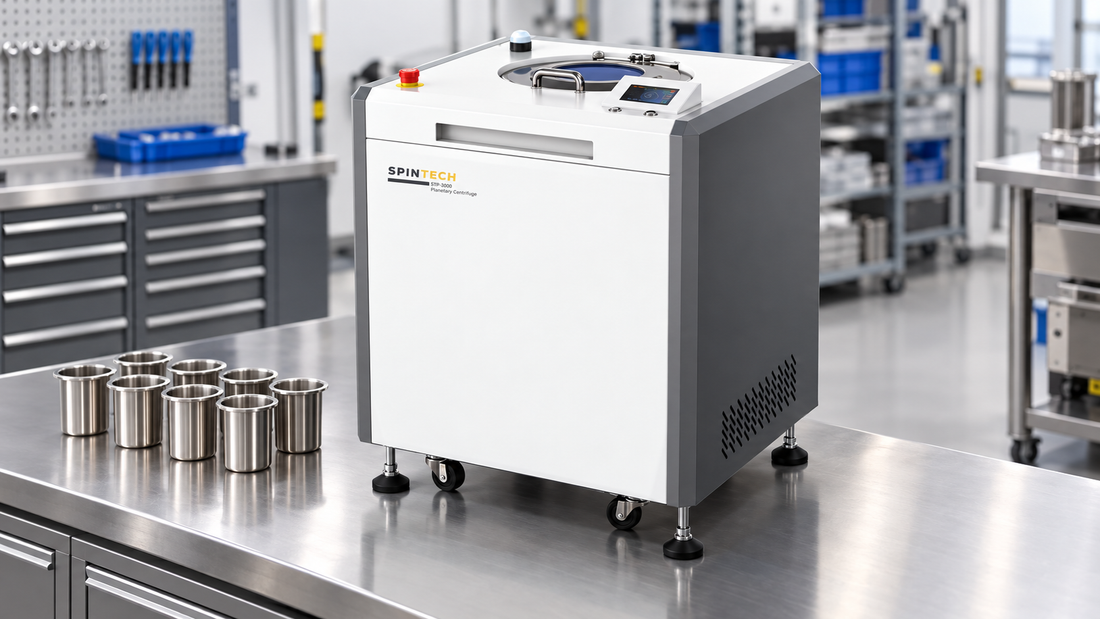 Centrifuge maintenance: Spin Tech STP-3000 with stainless cup inserts on a clean service bench.