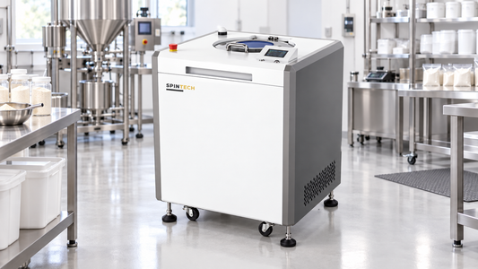 Planetary centrifuge for nutraceutical processing shown in a clean supplement manufacturing area.