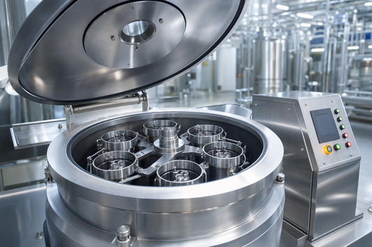 Planetary centrifuge with multiple satellite cups inside a stainless steel industrial processing facility