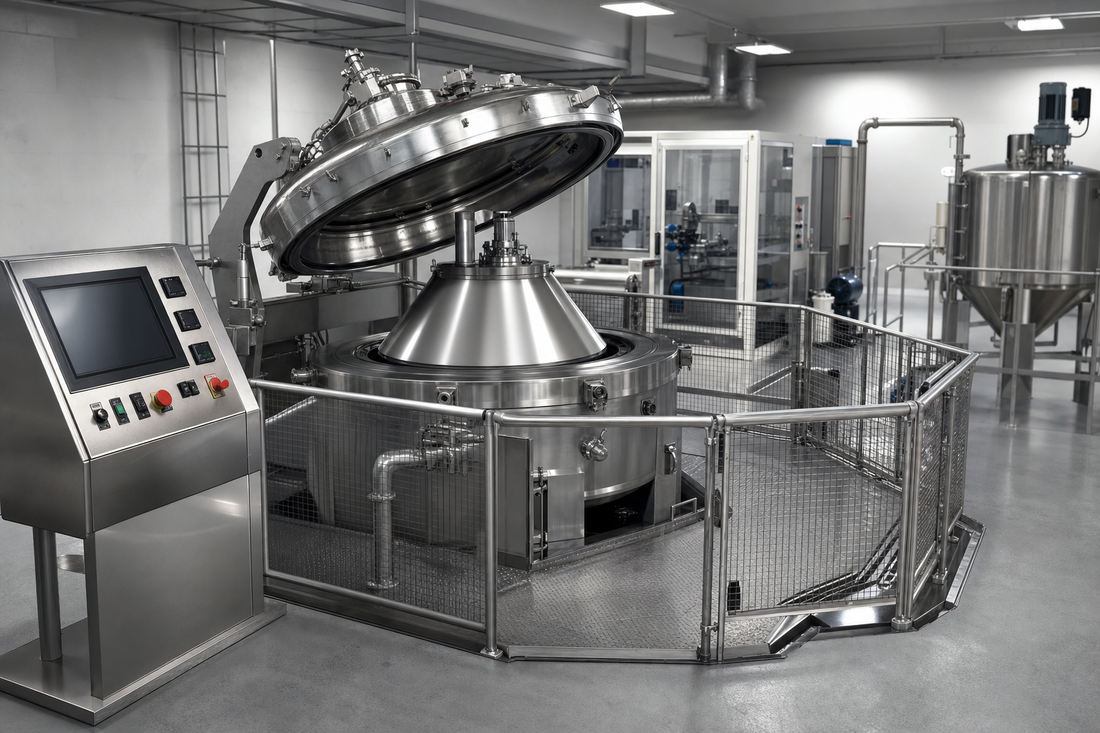 Spin Tech centrifuge shown in a clean, guarded industrial processing area.