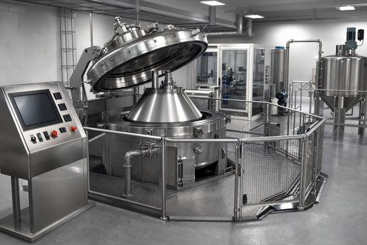 Spin Tech centrifuge shown in a clean, guarded industrial processing area.