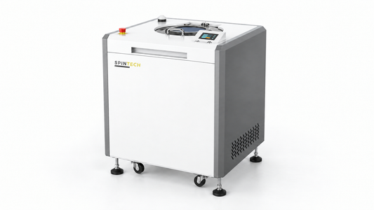 Spin Tech centrifuge STP-3000 in a neutral studio with cabinet, circular lid, chrome handle, red emergency-stop, and color touchscreen.