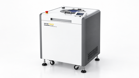 STP-1500 vs STP-3000 comparison showing a Spin Tech planetary centrifuge in a clean studio